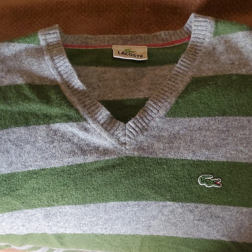 Lacoste Green and Gray V-Neck Sweater